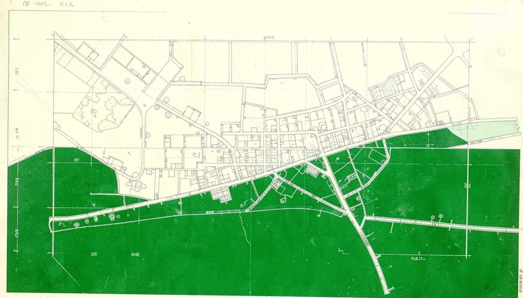 Faded architectural diagram of a coastal city street plan, drawn in light gray pencil strokes on a cream background